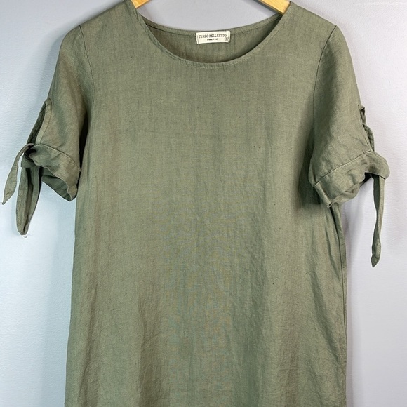 TERZO MILLENNIO Linen Shift  Dress Sage Green Tied Short Sleeves Coastal Loose S - Picture 3 of 11